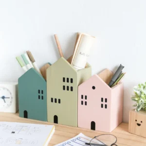 Cartoon House Wooden Pen Holder Pencil container Makeup Brush Stationery storage box Student/ Office Desktop Storage Organiser