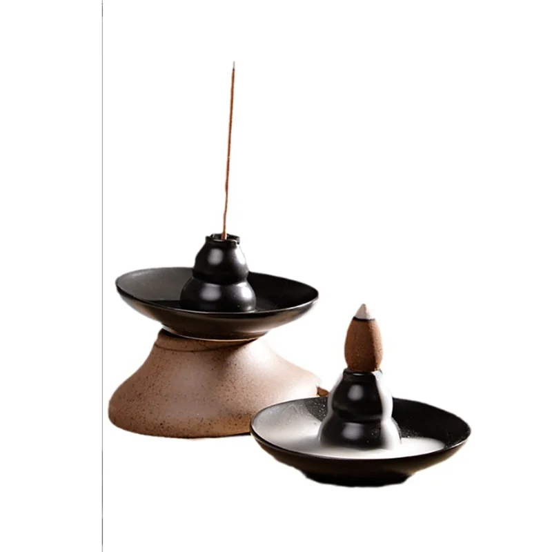 Black Multifunctional Backflow Incense Burner Ceramic Incense Holder Gourd Coil Incense Base Mini Home Decor Black Cone Censer - Imagen 4